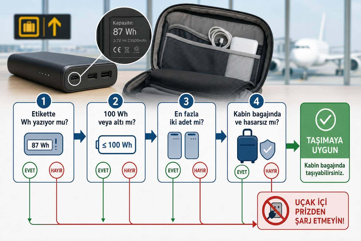 Uçakta Powerbank Taşınır mı? Kabin Bagajı, mAh Sınırı ve Havayolu Kontrol Rehberi 2 uçakta powerbank taşınır mı hakkında görsel özet
