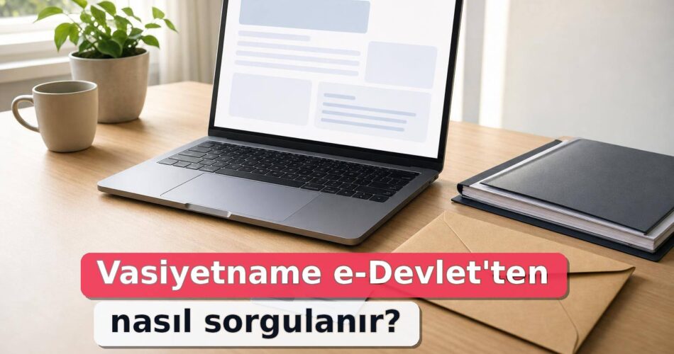 Dizüstü bilgisayar yanında kapalı vasiyetname zarfı ve hukuk dosyası