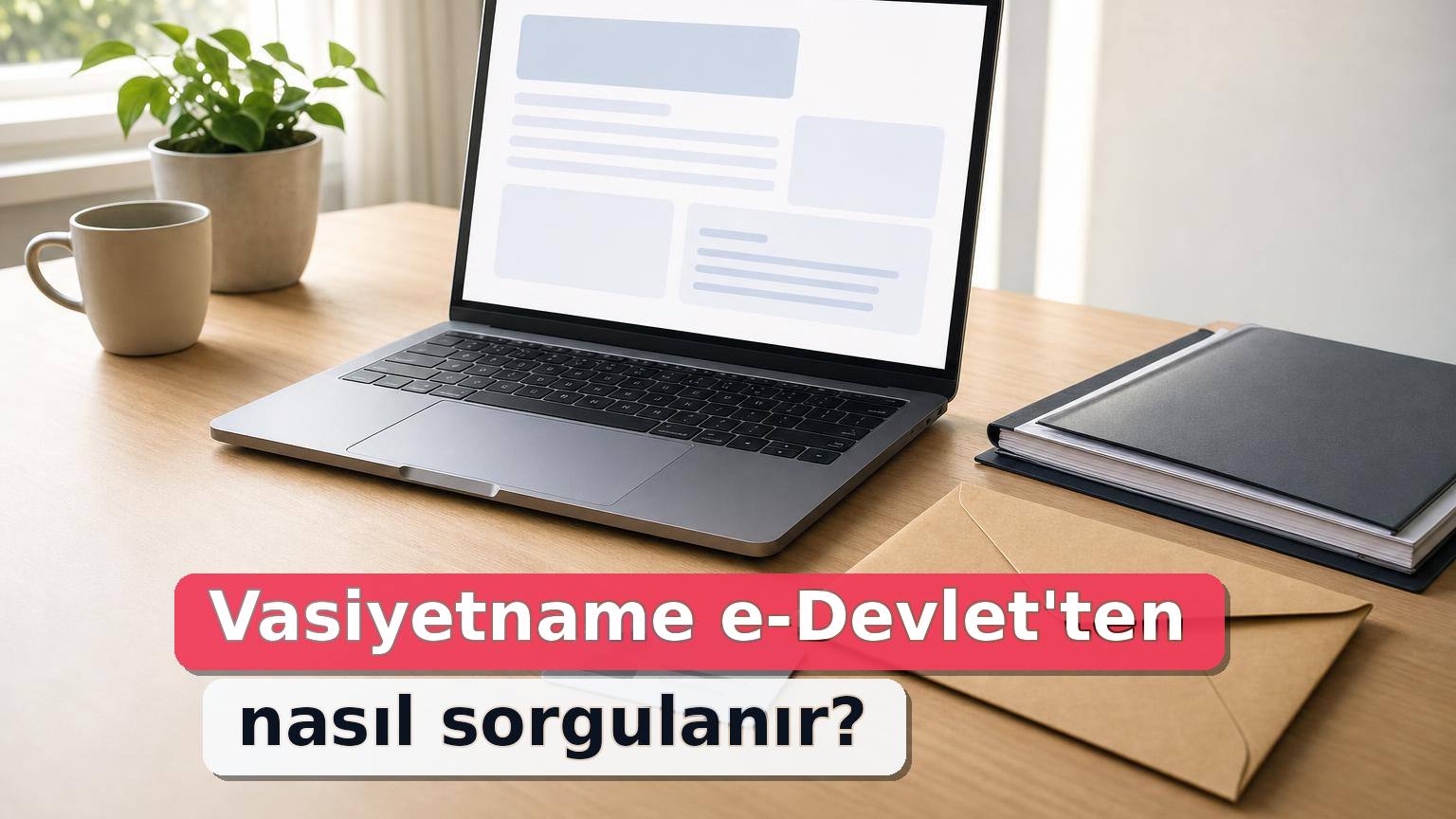 Dizüstü bilgisayar yanında kapalı vasiyetname zarfı ve hukuk dosyası