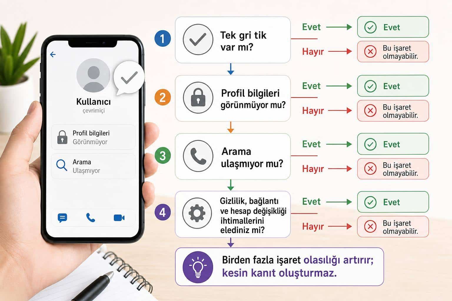 WhatsApp’ta Engellendiğimi Nasıl Anlarım? İşaretler, Gizlilik Ayarları ve Kesin Olmayan Durumlar 2 whatsapp engellendigimi nasil anlarim hakkında görsel özet