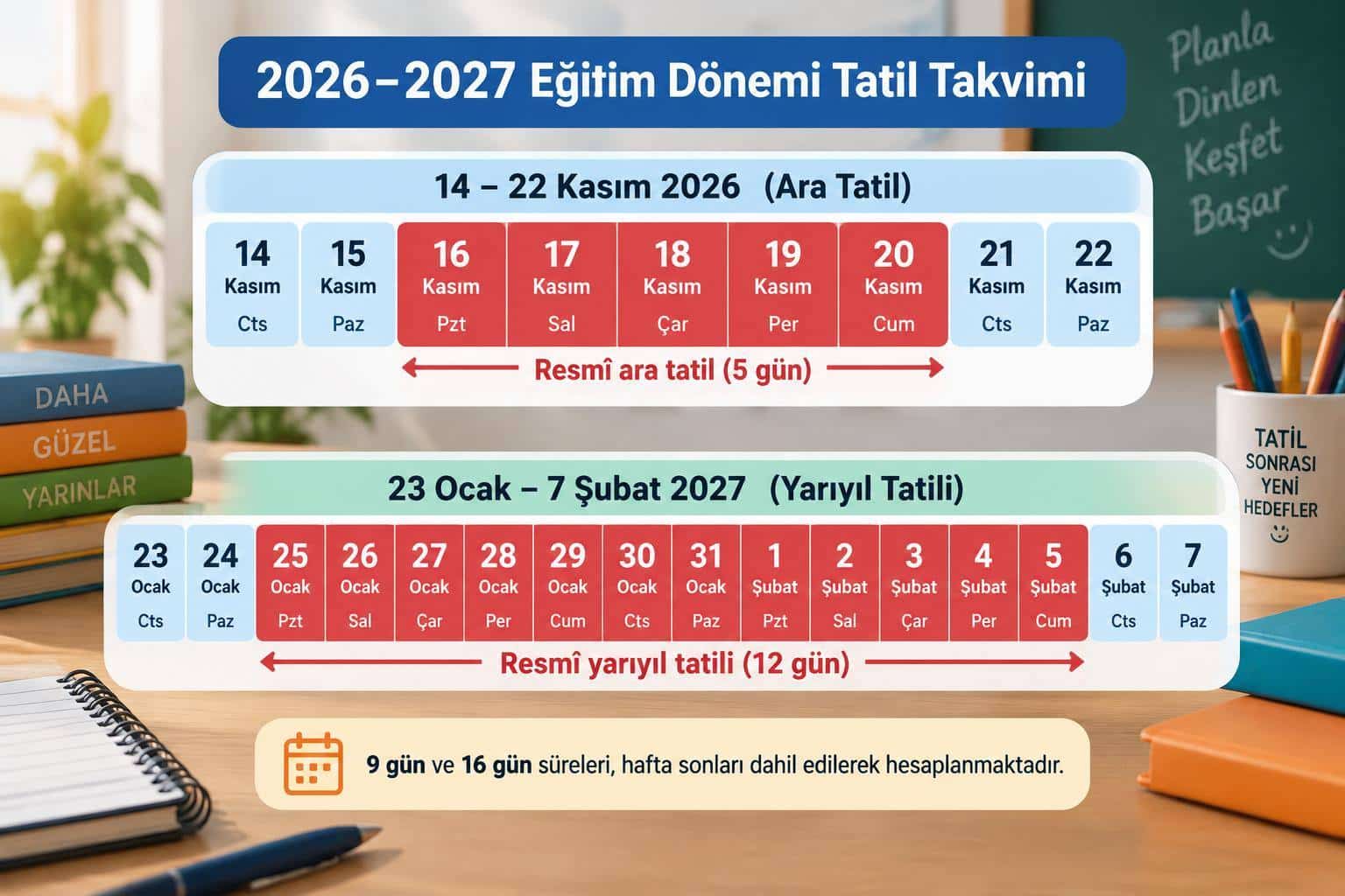 2026 Kasım Ara Tatili Ne Zaman? MEB Takvimi ve Tarihler 1 Kasım ara tatilinin hafta sonlarıyla 9, sömestr tatilinin hafta sonlarıyla 16 günlük aralık oluşturmasını gösteren takvim