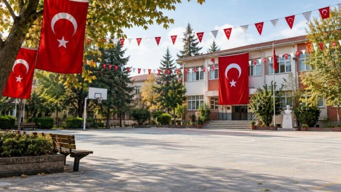 Türk bayraklarıyla süslenmiş okul avlusunu gösteren temsili görsel