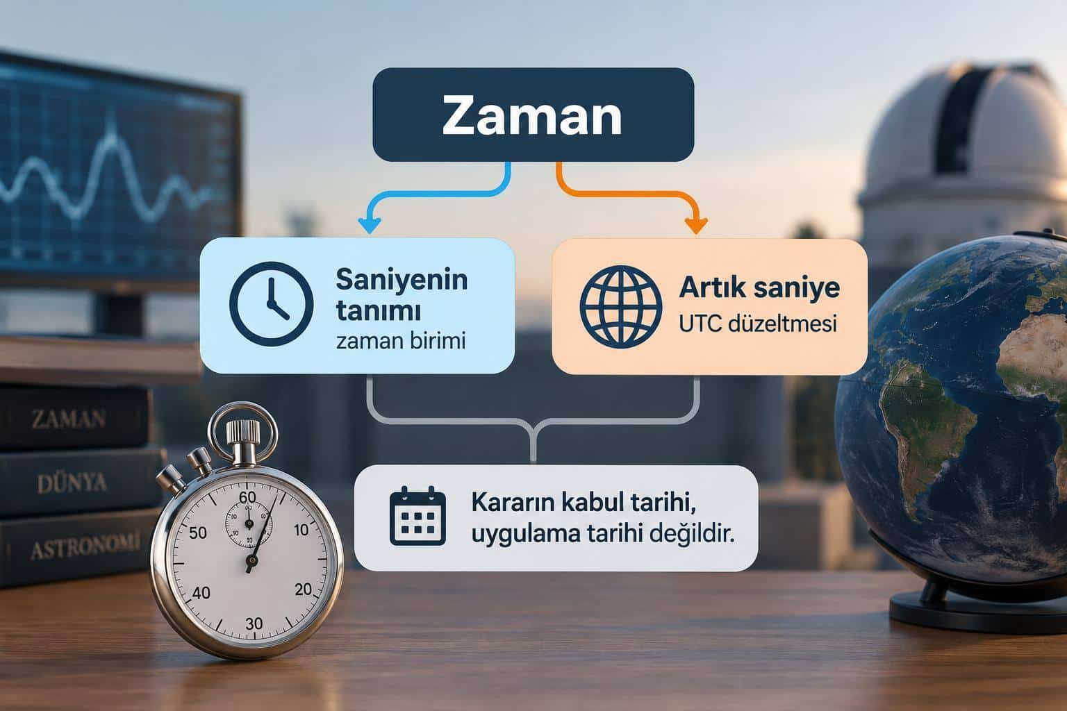 Saniyenin tanımı ile UTC’de artık saniye düzeltmesini ayıran kavram şeması