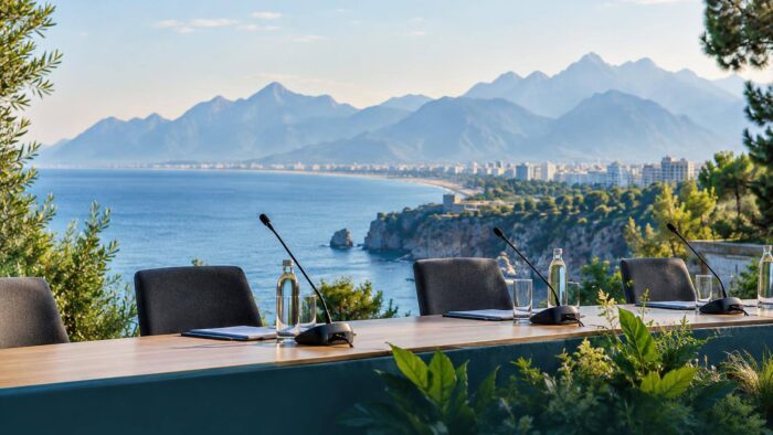 Antalya silueti ve iklim görüşmelerini temsil eden konferans masası illüstrasyonu