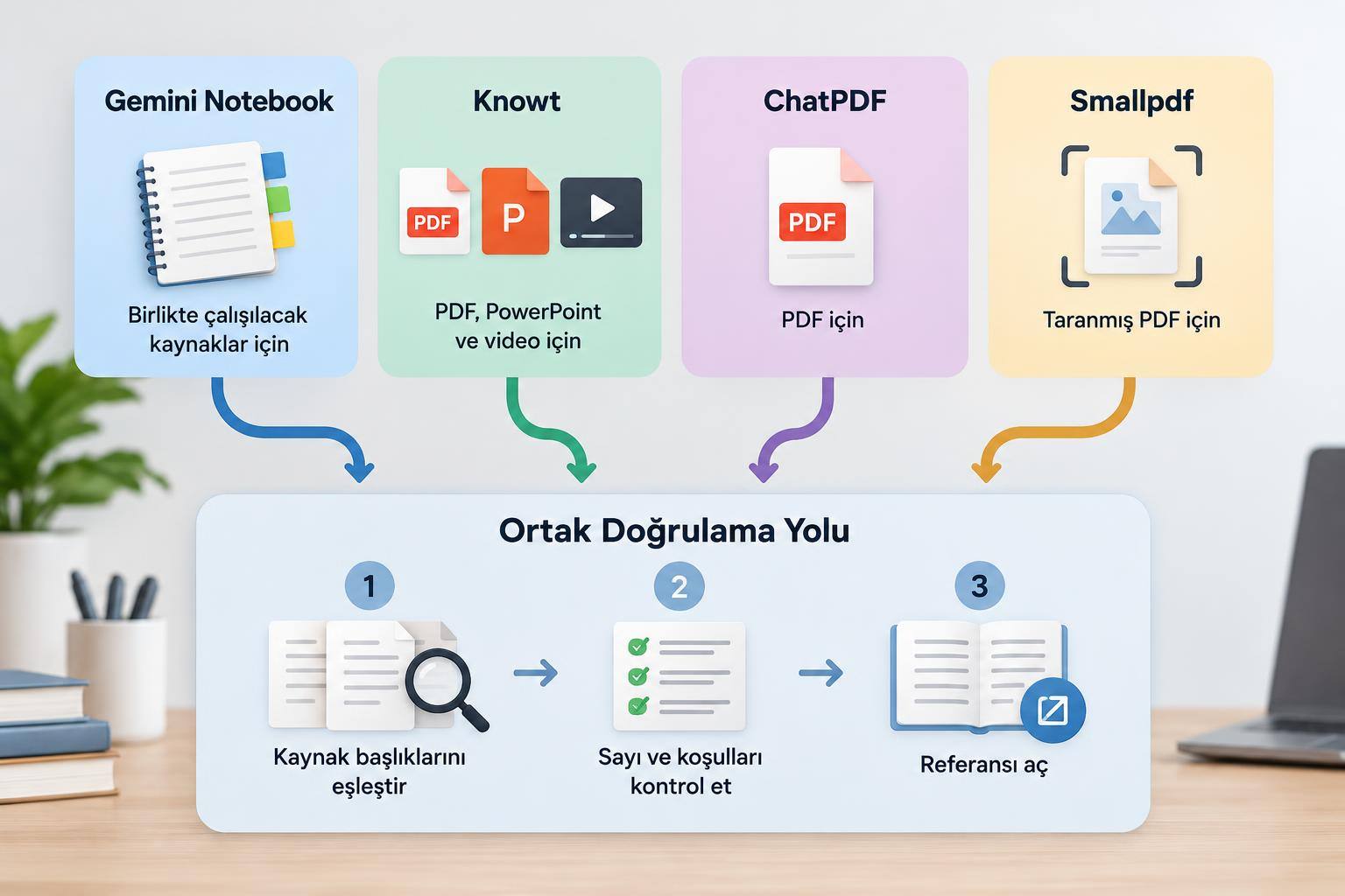 Ücretsiz Ders Notu Çıkaran Yapay Zeka Araçları: Kaynak Türüne Göre Seçim 1 Kaynak türüne göre ders notu aracını seçme ve oluşturulan notu doğrulama akışı