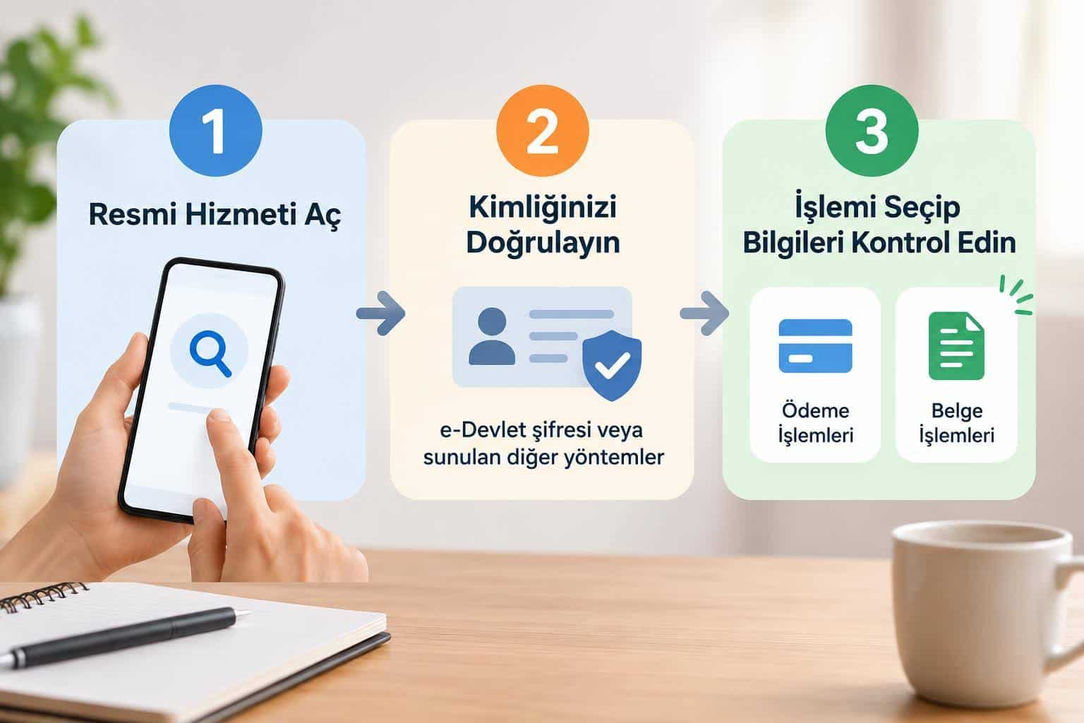 Dijital Vergi Dairesi Nasıl Kullanılır? Giriş, Şifre Ve İşlemler 1 Dijital Vergi Dairesine e-Devlet üzerinden giriş ve işlem seçimini gösteren üç adımlı akış