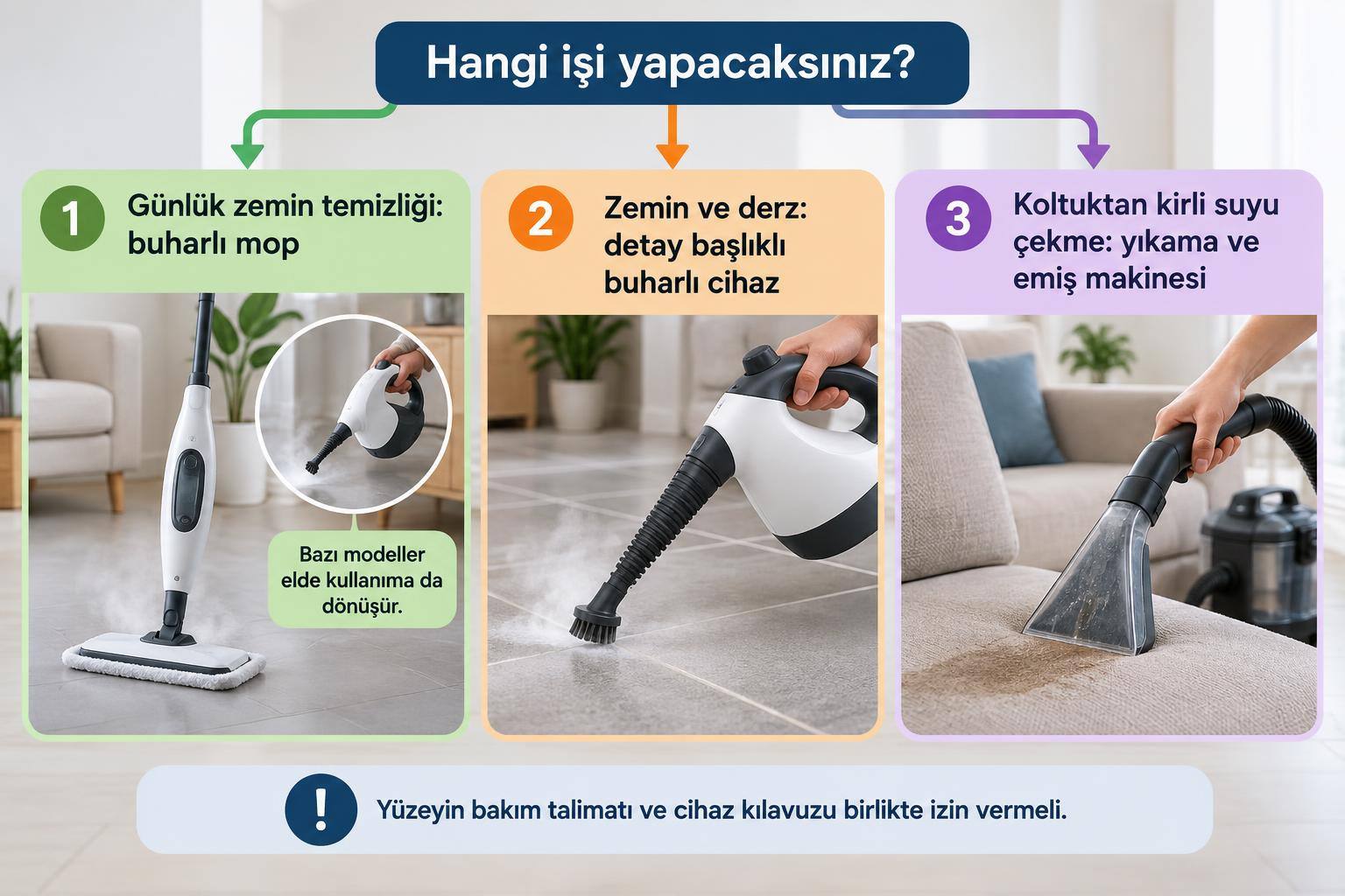 Zemin, derz ve koltuktan kirli su çekme işleri için cihaz sınıflarını ayıran karar şeması