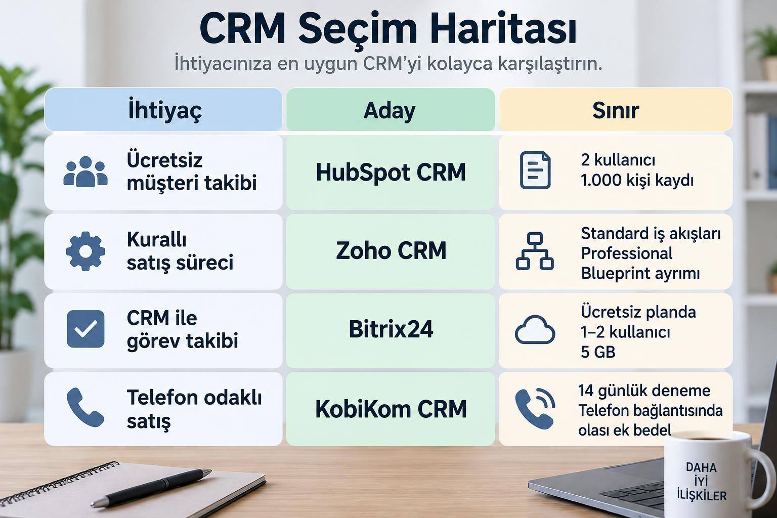 En İyi CRM Programları: Küçük İşletmeler İçin Hangisi Uygun? 1 HubSpot, Zoho CRM, Bitrix24 ve KobiKom'u kullanım ihtiyacı ve plan sınırlarıyla eşleştiren seçim haritası