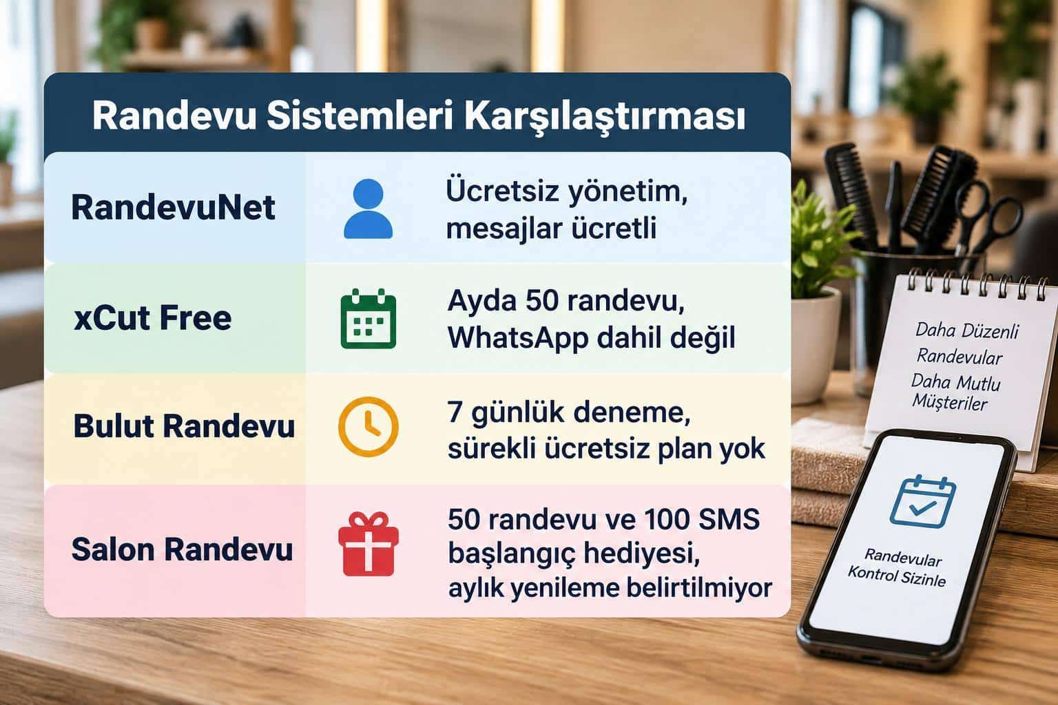 Dört salon randevu programının ücretsiz kullanım türlerini ve temel sınırlarını gösteren tablo