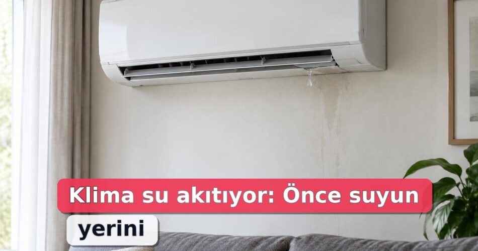Klima Su Akıtıyor: Neden Olur, Evde Hangi Kontroller Yapılır ve Ne Zaman Servis Çağrılır? 1 Duvara monte split klimanın altından gelen su damlasını gösteren temsili görsel