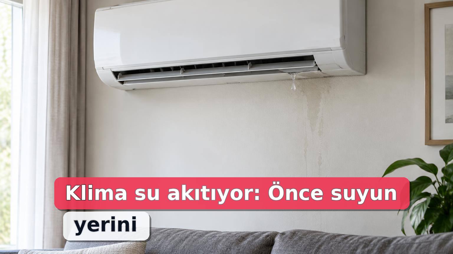 Duvara monte split klimanın altından gelen su damlasını gösteren temsili görsel
