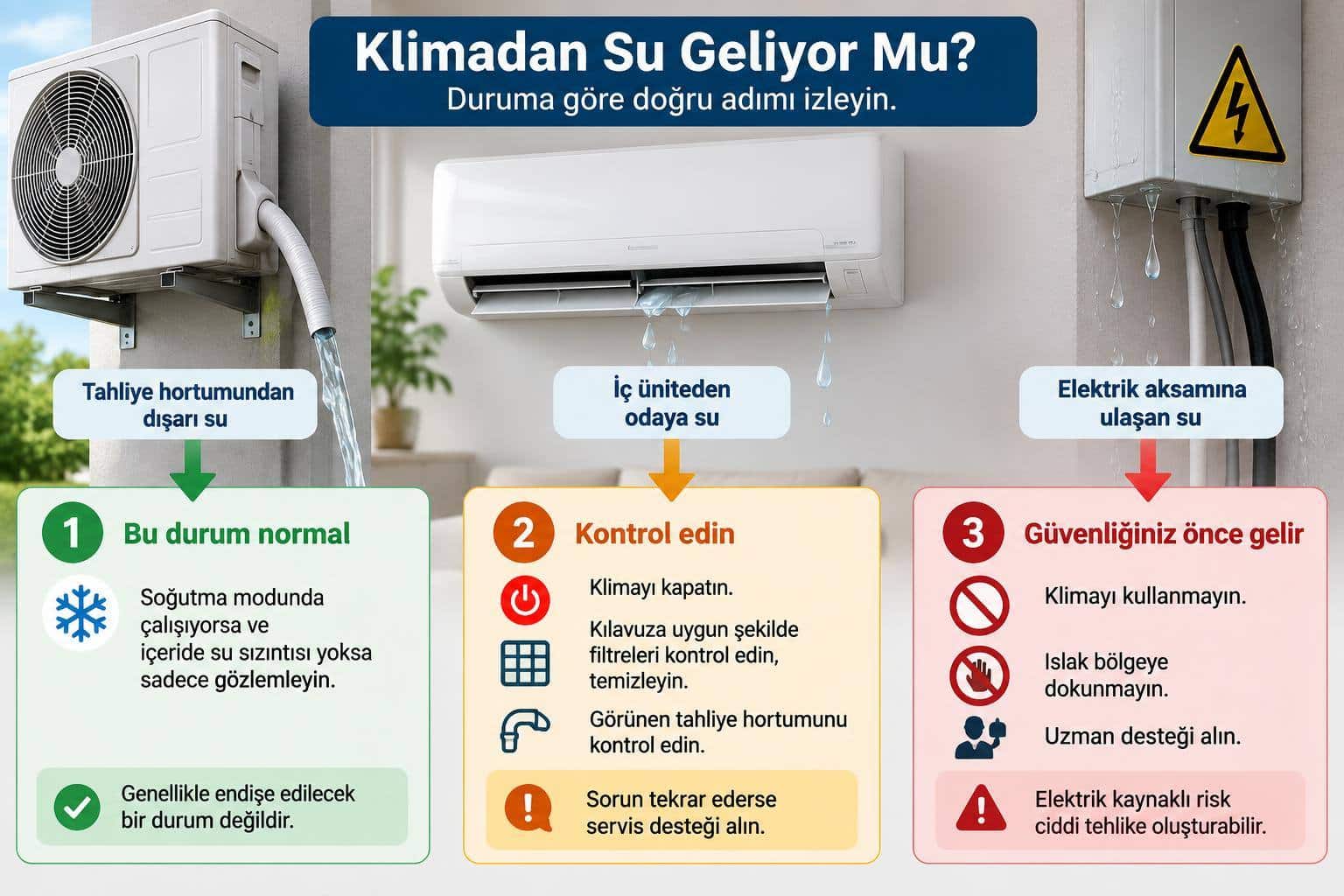 Klima Su Akıtıyor: Neden Olur, Evde Hangi Kontroller Yapılır ve Ne Zaman Servis Çağrılır? 2 Klima suyunun geldiği yere göre gözlem, güvenli kontrol ve servis adımlarını ayıran karar şeması