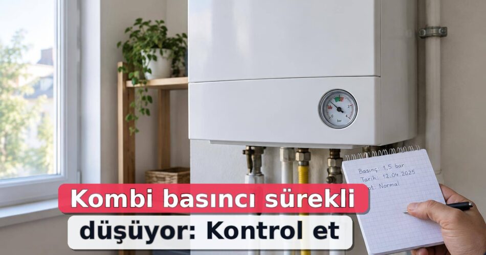 Kapalı kombinin basınç göstergesi yanında ölçüm kaydı tutulan temsili sahne