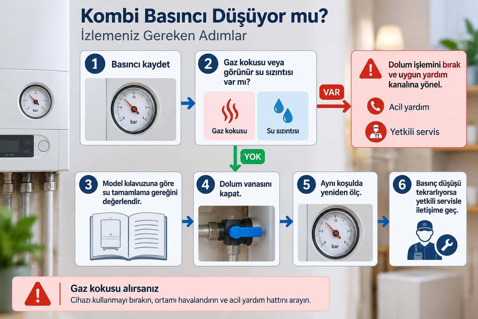 Kombi basıncı düştüğünde kullanıcı kontrolü, kılavuza uygun dolum ve servis kararını gösteren akış