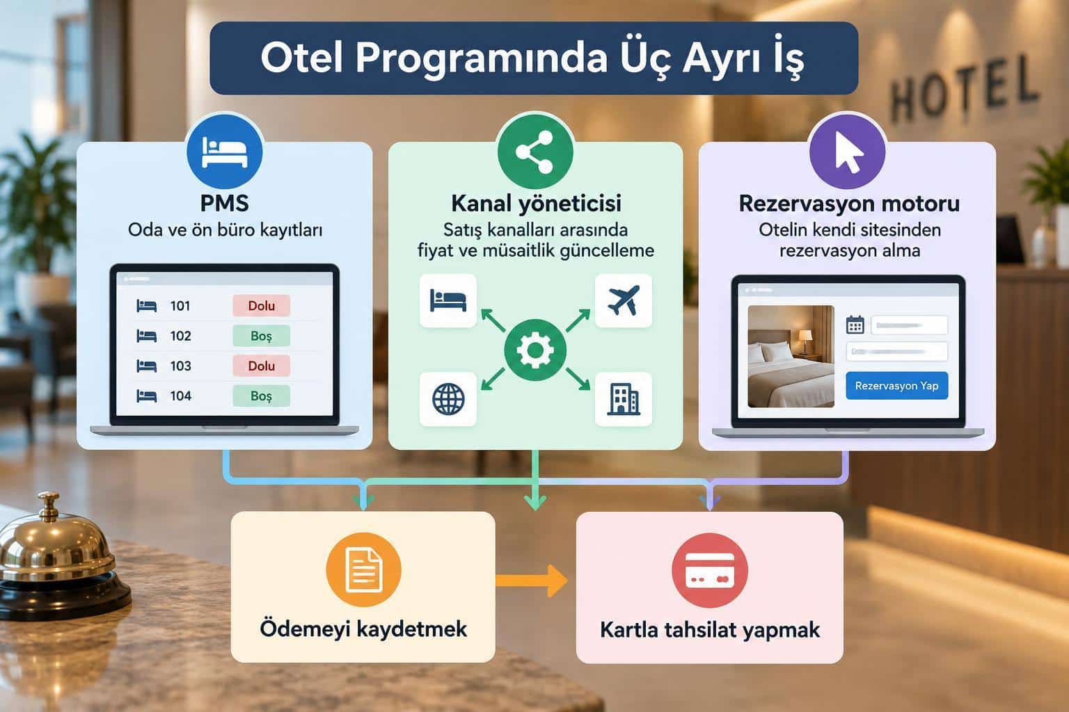 PMS, kanal yöneticisi ve rezervasyon motorunun farklı görevlerini gösteren karar haritası