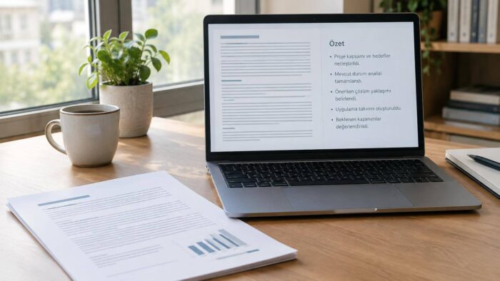 Uzun bir PDF ile kısa özetin yan yana gösterildiği temsili çalışma ekranı