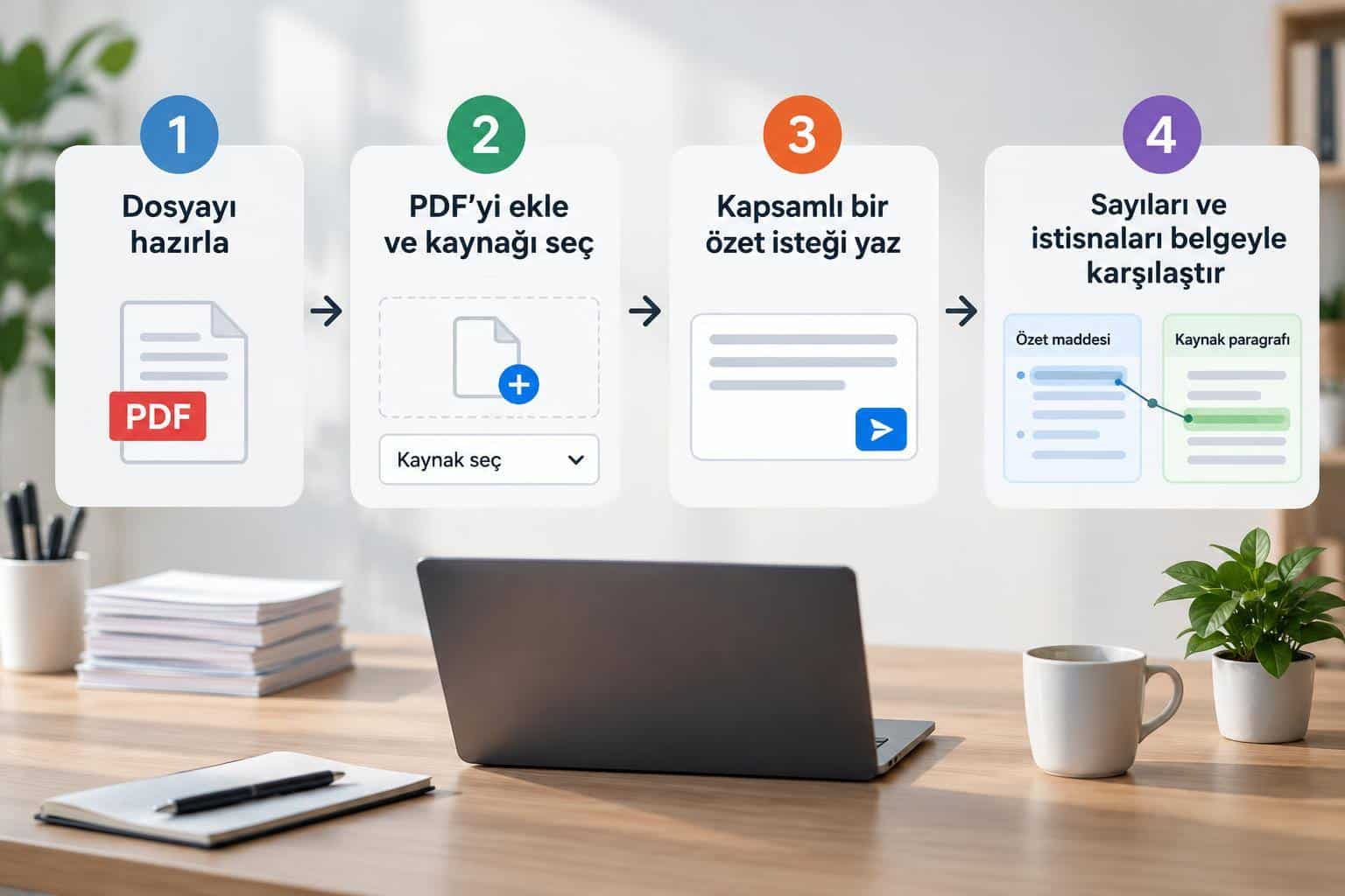 PDF özetleyen yapay zekâ araçları: Ücretsiz seçenekler ve kullanım rehberi 1 PDF’yi hazırlamadan özetin kaynakla karşılaştırılmasına kadar dört adımlı kullanım akışı