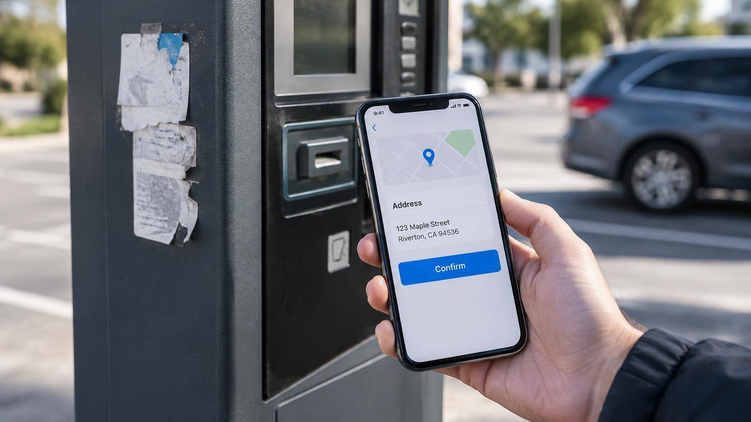 Otopark panosundaki karekodu kullanmadan önce telefonda adresi kontrol eden kişiyi gösteren temsili görsel.
