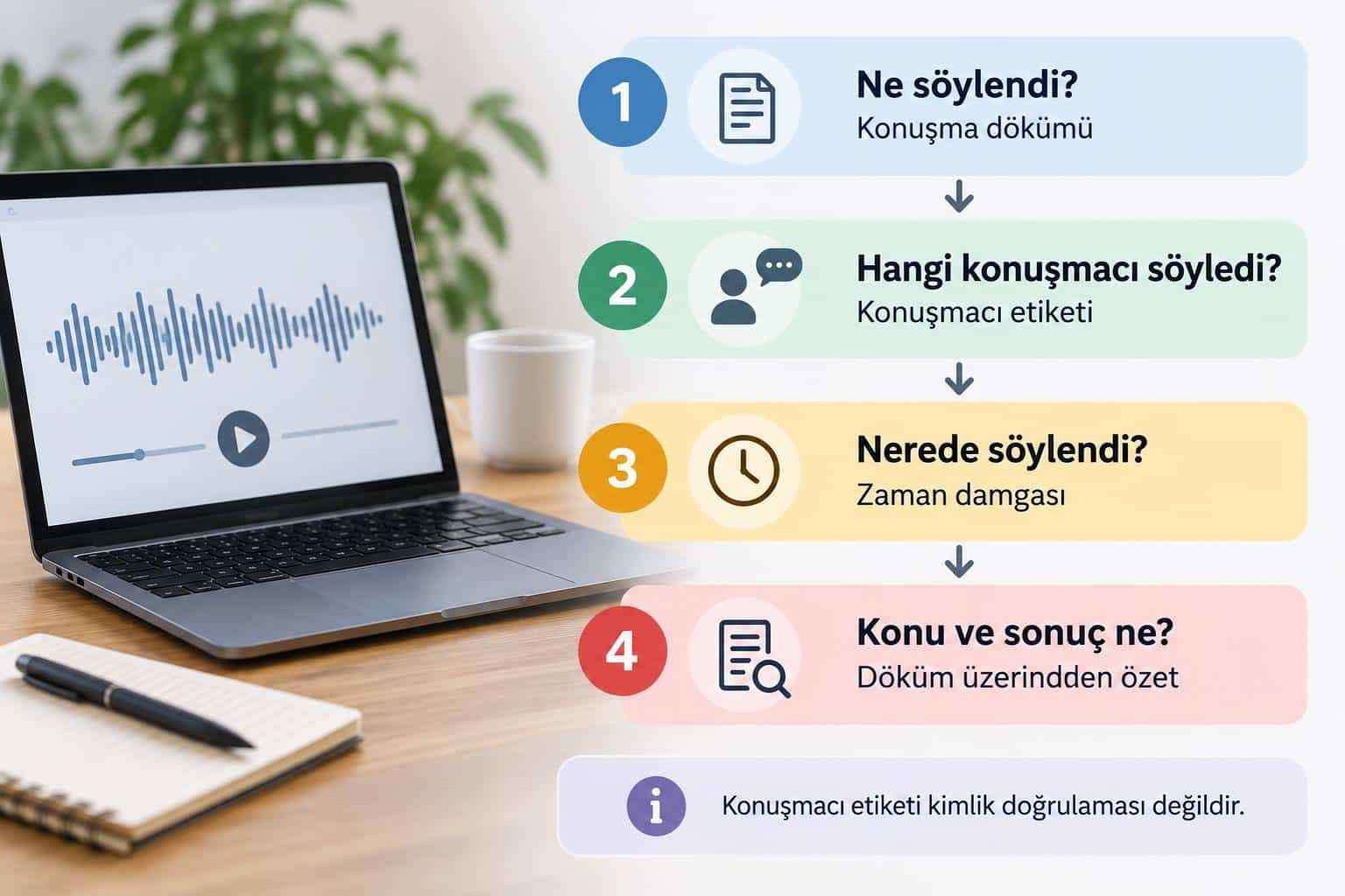 Ses Analizi Yapan Yapay Zeka Araçları: Kayıttan Hangi Bilgiler Çıkarılabilir? 1 Ses kaydından çıkarılabilecek döküm, konuşmacı etiketi, zaman damgası ve özetin ayrımı