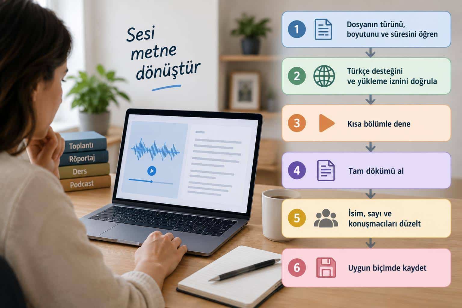 Yapay Zeka İle Ses Kaydını Metne Çevirme: Türkçe Araçlar Ve Seçim Rehberi 1 Ses dosyasını seçmeden düzeltilmiş metni kaydetmeye kadar transkripsiyon adımları