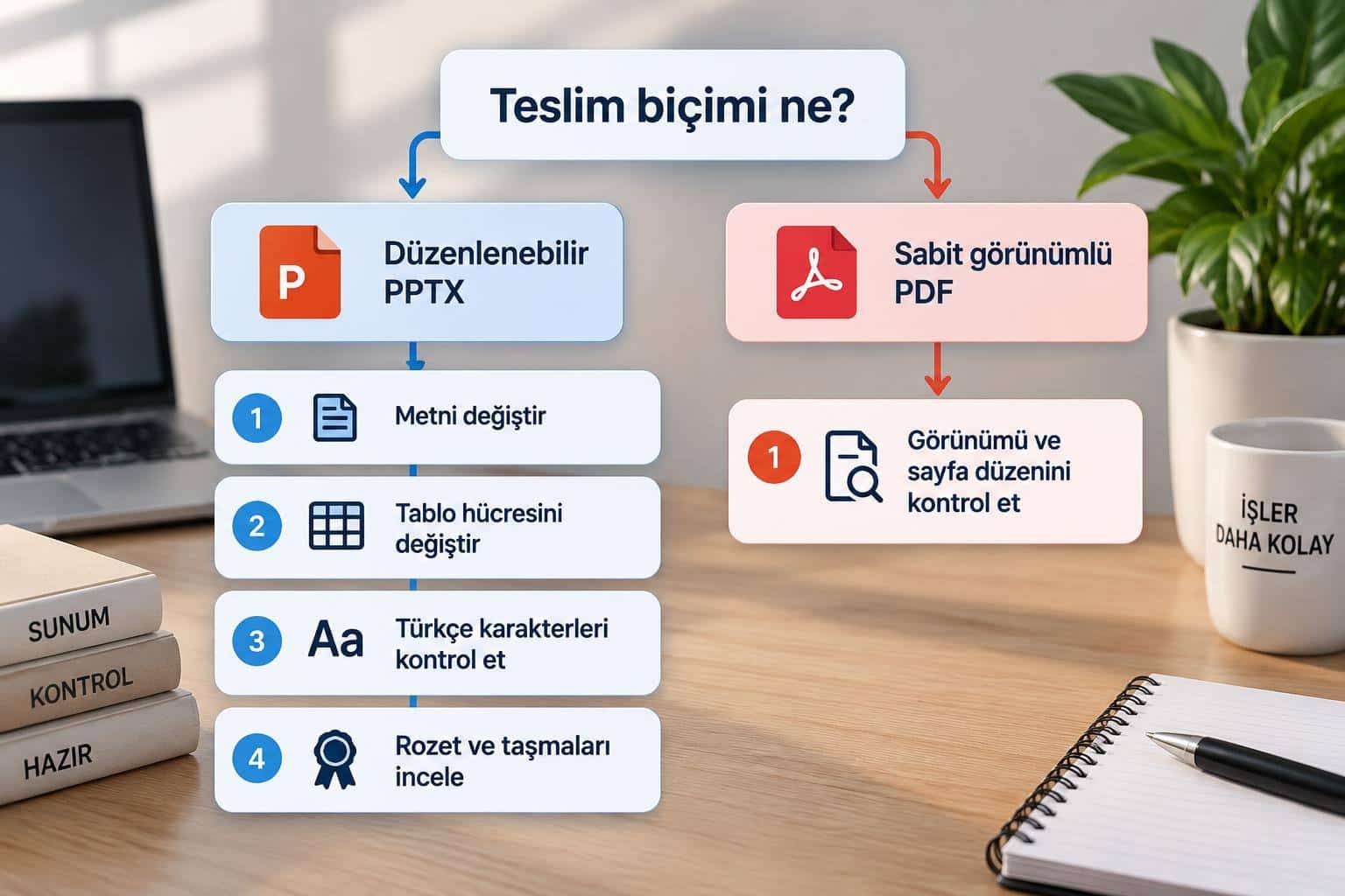 PPTX ve PDF teslimi için metin, tablo, Türkçe karakter ve görünüm kontrol akışı