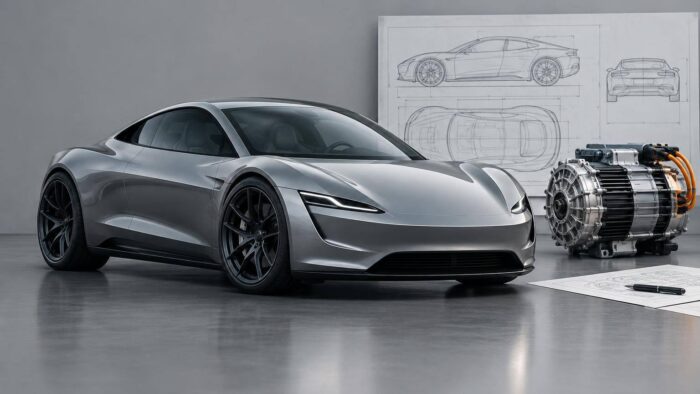 Elektrikli otomobil silüeti ve teknik belge simgeleriyle Tesla Roadster rehberi illüstrasyonu