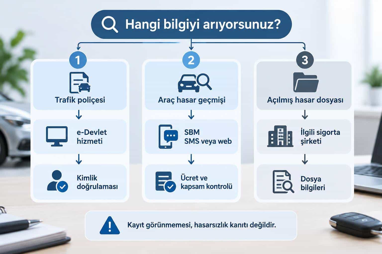 Trafik poliçesi, araç hasar geçmişi ve hasar dosyası takibi için doğru sorgulama kanalını gösteren karar akışı