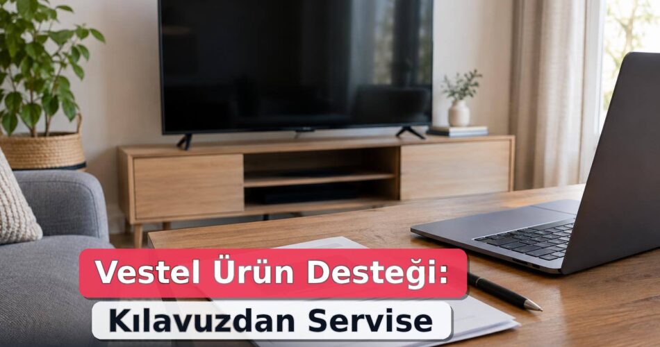 Vestel Ürün Desteği: Kullanım Kılavuzu ve Yetkili Servis İşlemleri 1 Televizyon yanında kullanım belgesi ve bilgisayarla ürün desteğine hazırlık sahnesi