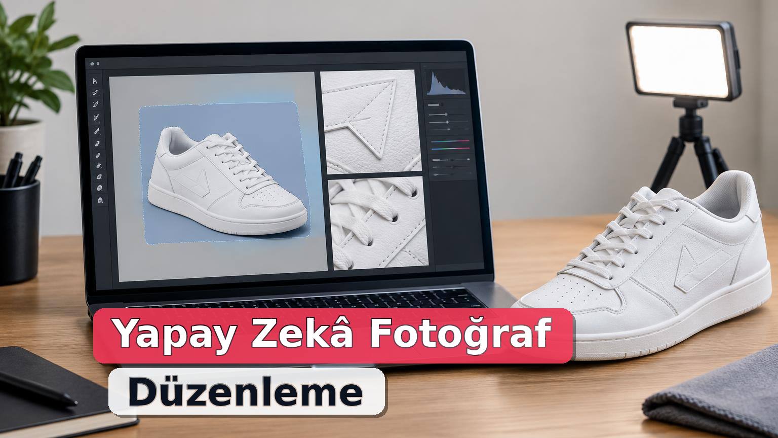 Ürün fotoğrafında arka plan seçimi ve ayrıntı kontrolünü temsil eden masaüstü sahnesi.