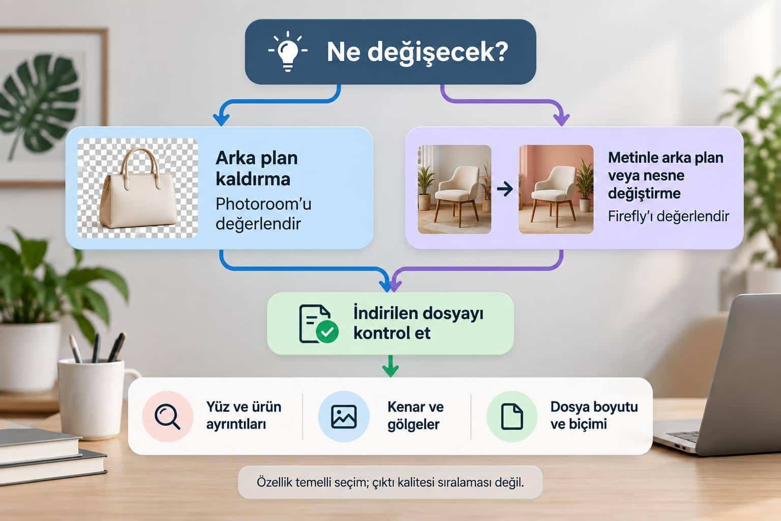 Firefly ve Photoroom arasında düzenleme amacına göre seçim ve indirilen dosya kontrol akışı