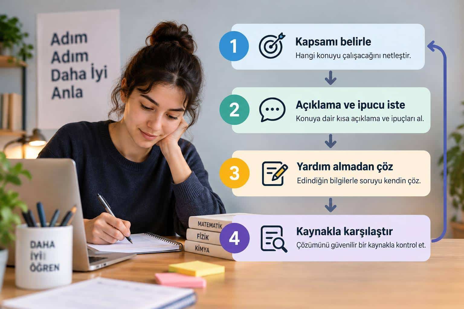 Yapay Zeka İle Ders Çalışma: Planlama, Anlama Ve Tekrar Araçları 1 Kapsam belirleme, açıklama isteme, bağımsız çözme ve kaynakla karşılaştırma adımları