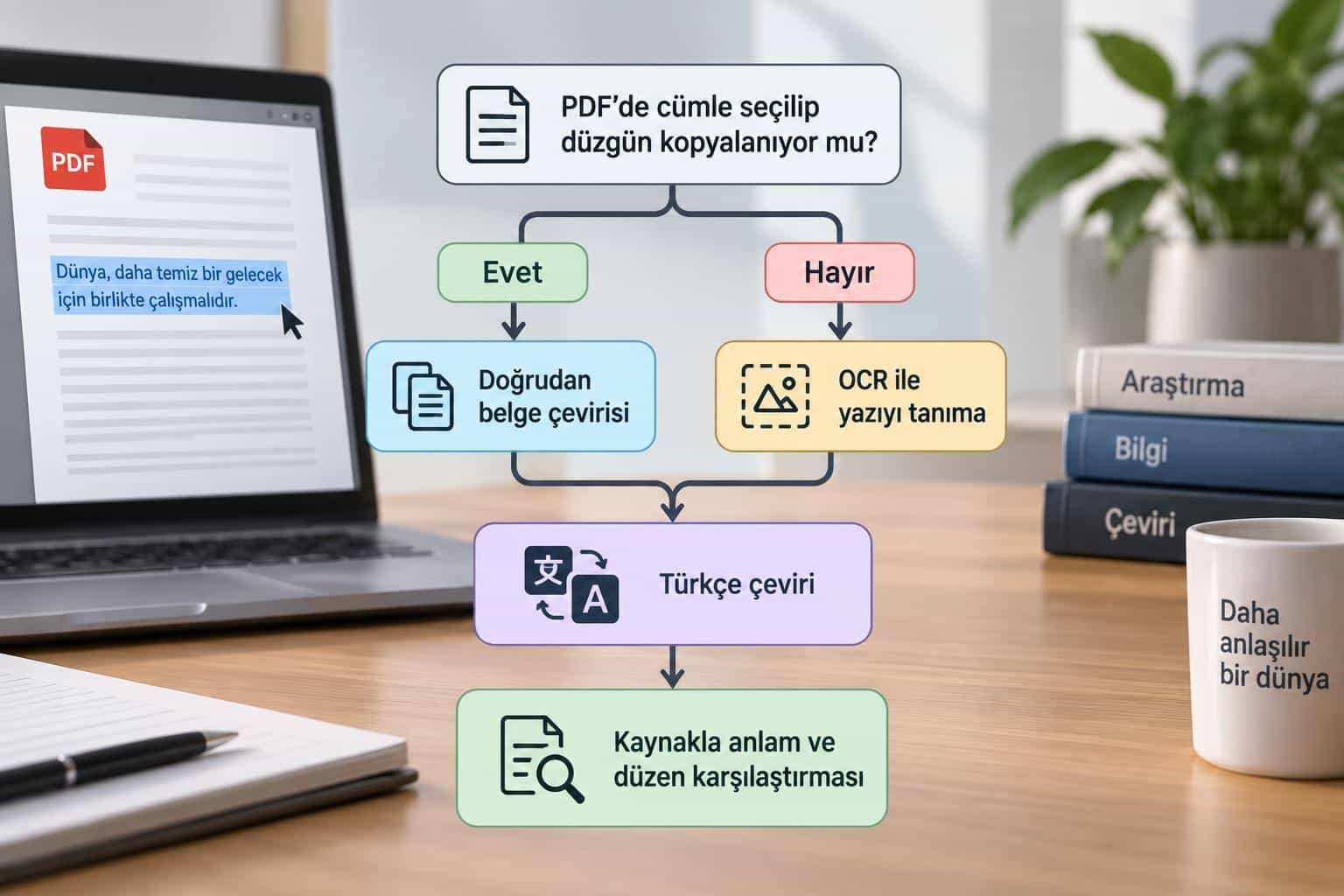 PDF'yi yapay zekâ ile çevirme: Türkçe destekli araçlar ve kontrol listesi 1 Metin tabanlı ve taranmış PDF için ayrı başlangıç adımlarını gösteren çeviri akışı