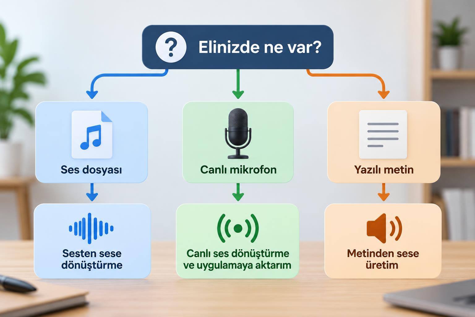Yapay Zeka Ses Değiştirici Araçlar: Kaydı Ve Sesi Değiştirme Rehberi 1 Ses dosyası, canlı mikrofon ve yazılı metin için gereken farklı araç türlerini gösteren karar şeması