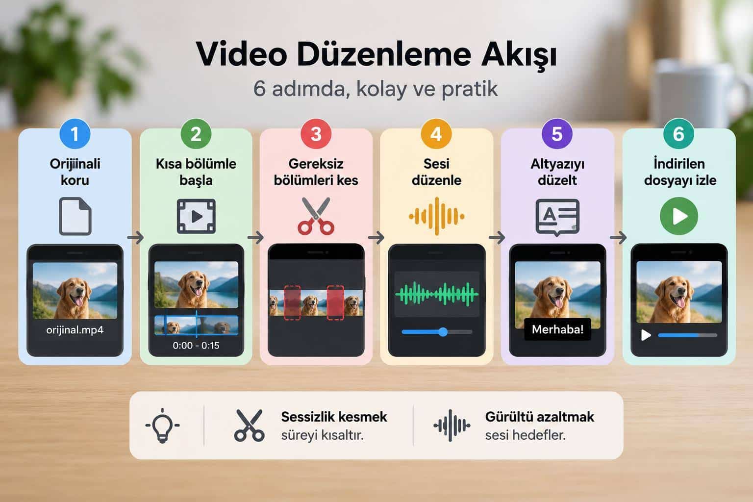 Yapay Zeka Video Düzenleme: Altyazı, Kesme Ve Ses Araçları 1 Orijinal dosyayı korumadan son videoyu izlemeye uzanan altı adımlı düzenleme akışı