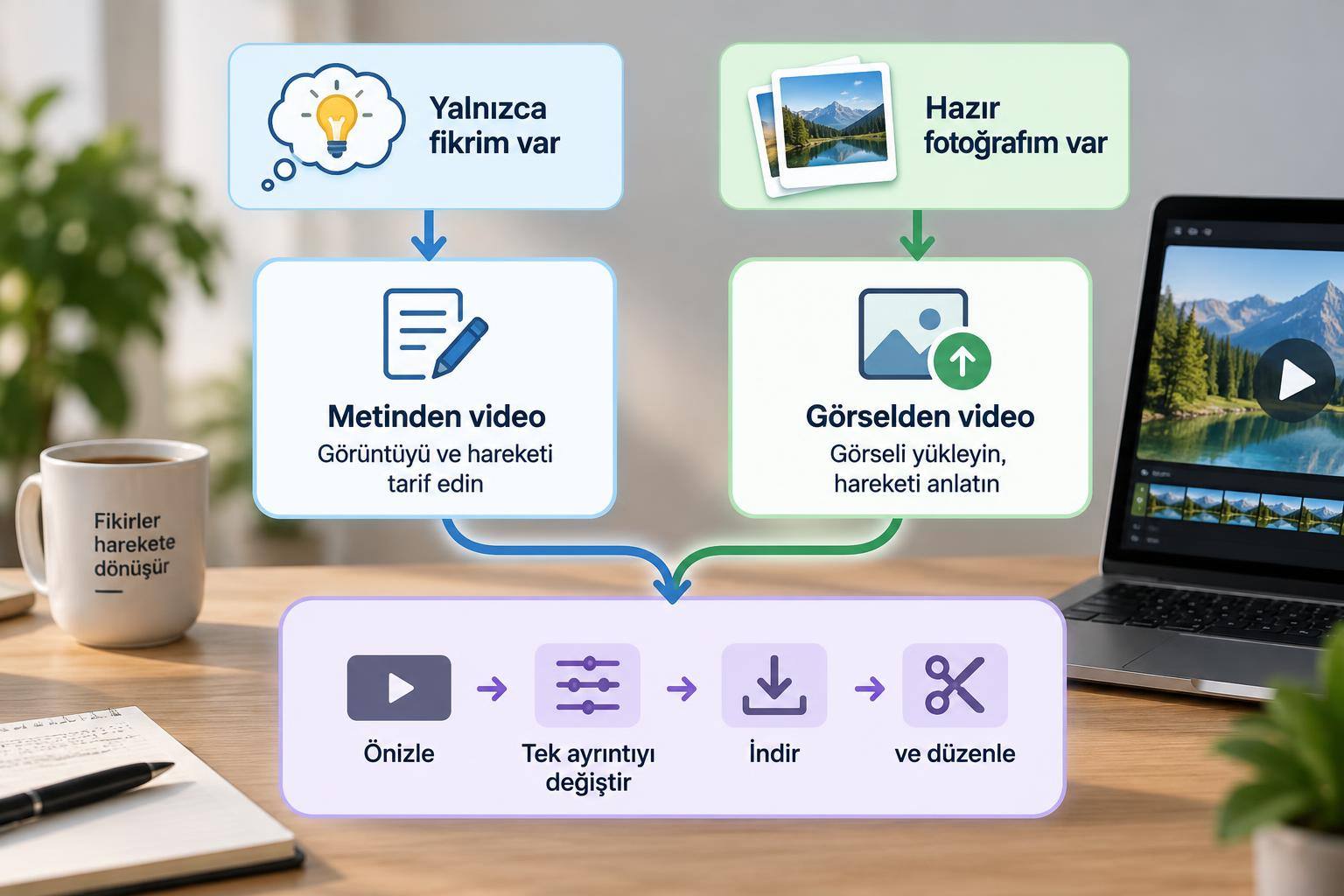 Metin veya fotoğrafla başlayan video üretimi için iki seçenekli akış